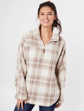 Buckle Cozy Plaid Sherpa Pullover - Cream & Taupe